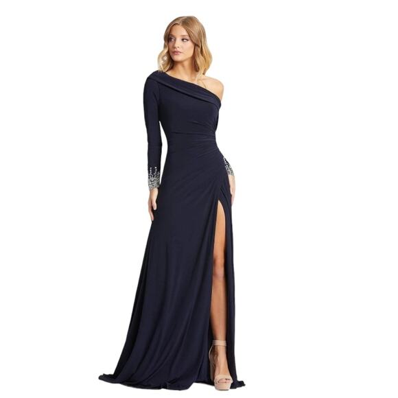 Mac Duggal Long Sleeve Navy Blue Gown Size 6 12231 New - Picture 4 of 10